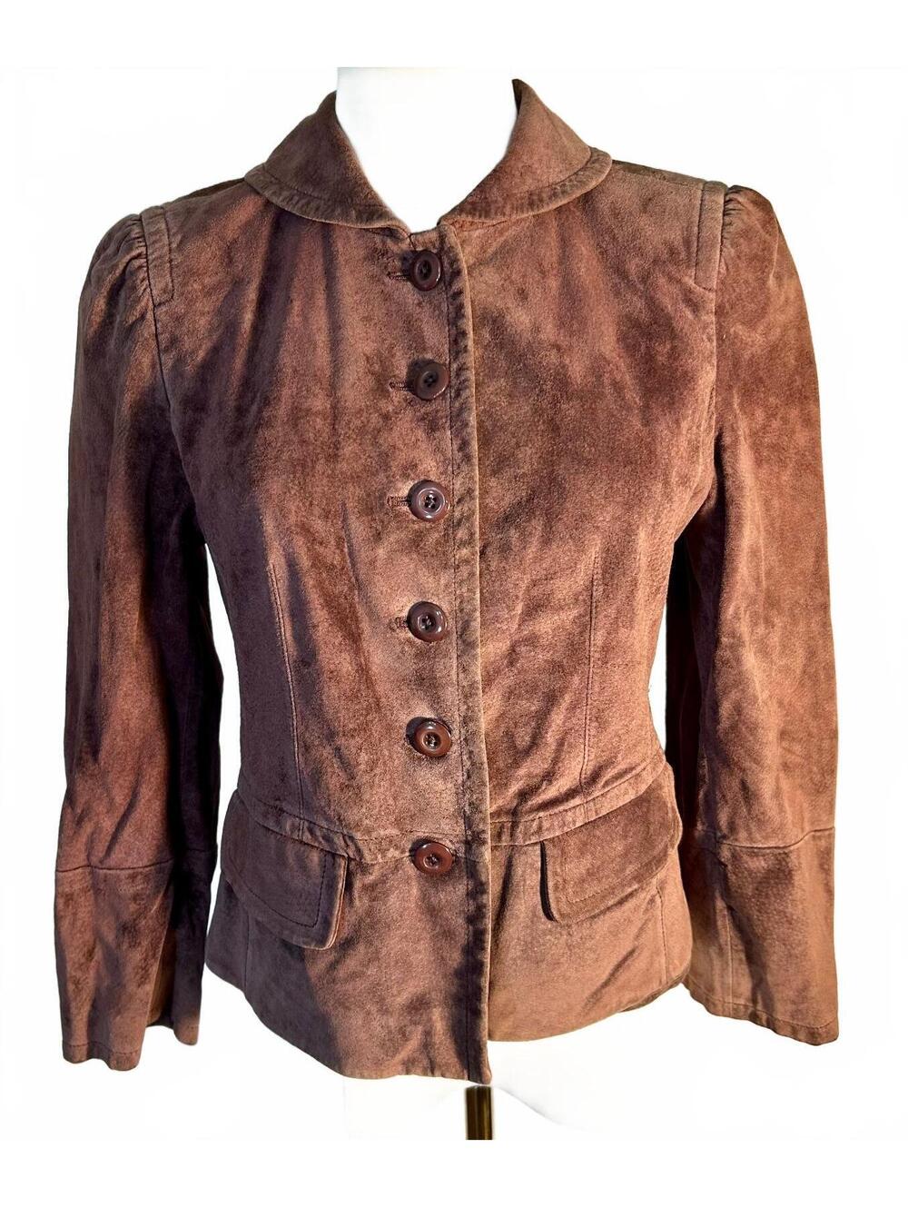 Vintage Y2K Ann Taylor LOFT Suede Leather Blazer Brown Size 6 Puff Sleeve 2000s